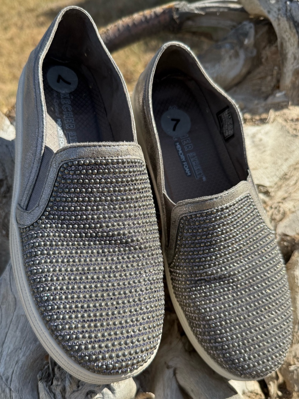 Skechers Street Memory Foam Slip-On Embellished Gray Crystal Casual Shoes